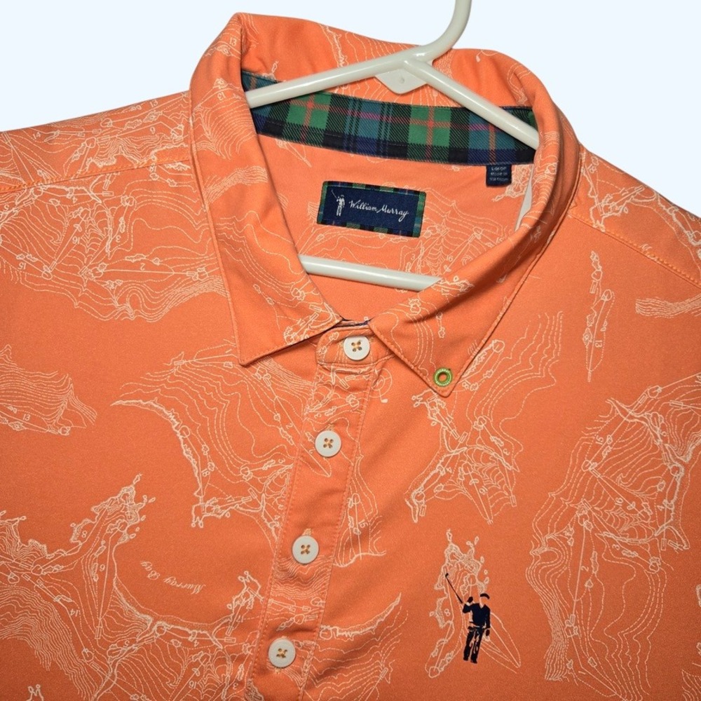 William Murray Golf Polo Shirt Mens Large Orange Topo Map Print Short Sleeve